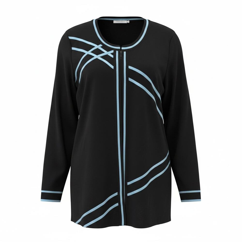 Misook Black Blue Trim Open Front Knit Cardigan Jacket Size M